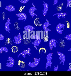 Mystical seamless pattern of cats in boho style, silhouette collection ...
