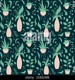 A seamless vector pattern featuring various potted plants and vases. Stock Vector