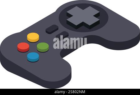 Gray wireless gamepad with colorful buttons and directional pad shown in isometric projection, representing gaming, entertainment, and leisure activities Stock Vector