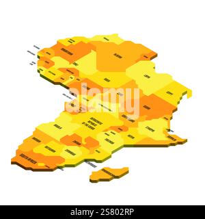 Isometric political map of Africa. Colorful land with country name labels on white background. 3D vector illustration Stock Vector