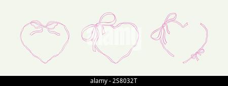 Set of handwritting boho heart ribbon frames. Wedding, ballet, coquette, flirtation, birthday invitation and gift, holiday celebration design elements Stock Vector