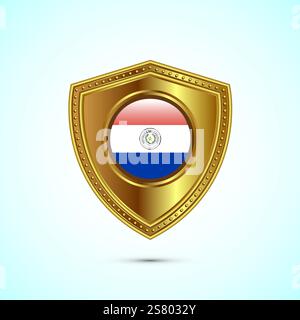 Rounded flag of Paraguay with glossy gold shield Stock Vector