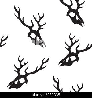 Vector seamless pattern of hand drawn sketch doodle deer skull silhouette isolated on white background Stock Vector
