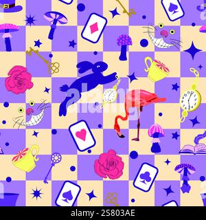 Wonderland pattern elements roses, rabbit, Cheshire cat, flamingo cards hat cup and mushrooms and clock Stock Vector
