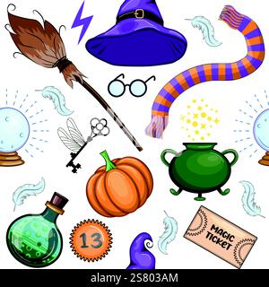 Magic items seamless pattern in cartoon bright style. Witchcraft and sorcery, Esotericism and mysticism, occultism Stock Vector