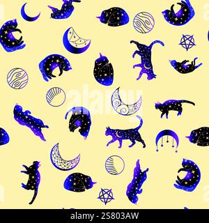 Mystical seamless pattern of cats in boho style, silhouette collection ...