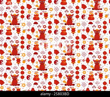 Chinese New Year of horse seamless pattern. Vector graphic line background with horse, red lanterns, orange, red envelopes on transparent background Stock Vector