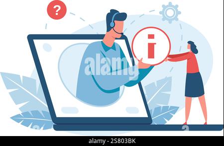 Online support operator with headset working with laptop and providing information to customer asking help, online information, technical support, call center, frequently asked questions concept Stock Vector