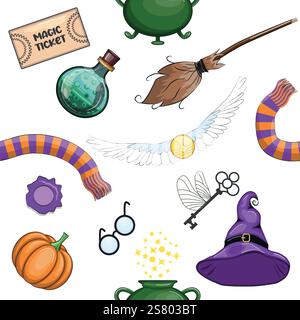 Magic items seamless pattern in cartoon bright style. Witchcraft and sorcery, Esotericism and mysticism, occultism Stock Vector