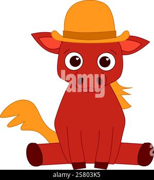 horse in the cylinder hat color sketch graphic line vector illustration. China new year character. Scratch board imitation. Stock Vector