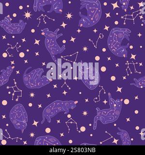 Mystical seamless pattern of cats in boho style, silhouette collection ...