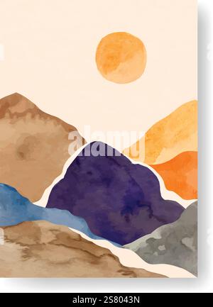 Colorful overlapping watercolor mountains and sun create a beautiful abstract landscape painting, perfect for wall art, posters, and home decor Stock Vector