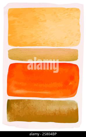 Modern abstract art composition featuring four horizontal stripes of watercolor painted in shades of orange, yellow and brown, creating a visually appealing and textured artwork Stock Vector