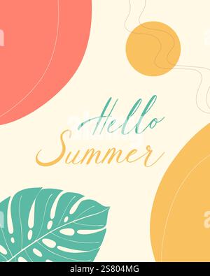 Hello Summer poster with sun and palm leaf, boho style, hand drawn lettering. Vector illustration Stock Vector