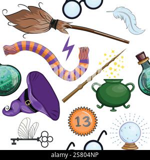 Magic items seamless pattern in cartoon bright style. Witchcraft and sorcery, Esotericism and mysticism, occultism Stock Vector