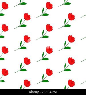 Floral red flower vector seamless pattern, line art drawing in red on transparent background Stock Vector