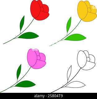 simple line vector flower icon set on white transparent background, red, yellow, pink colors Stock Vector