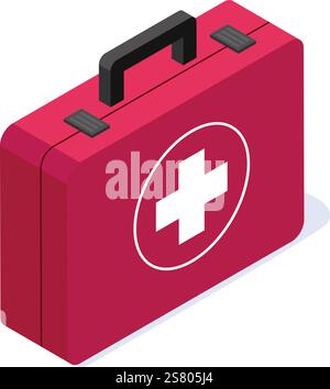 Closed red first aid kit with white cross isometric medical equipment is standing on white background representing healthcare, emergency and medicine Stock Vector