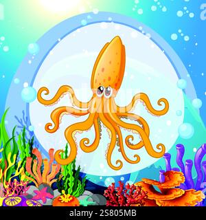 Cheerful octopus swimming among colorful coral and bubbles Stock Vector