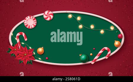 Merry Christmas 3d oval frame with red poinsettia flowers, peppermint candies on green background. Festive design decorated by glowing lights, ornamental baubles, sweet canes. Holiday greeting card. Stock Vector
