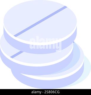 Three round medical pills form a stack, each featuring a dividing line and presented in an isometric view, emphasizing their three dimensional form against a plain white backdrop Stock Vector