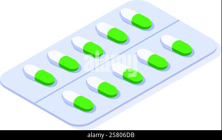 Blister pack containing green and white capsules lying on a white surface, representing pharmaceutical products, medication, healthcare, and treatment of diseases Stock Vector