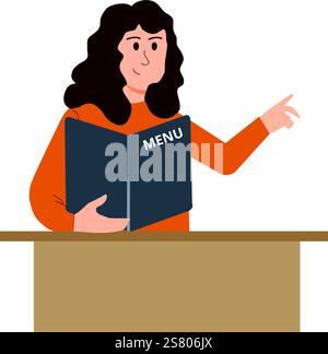 Woman wearing brown coat with a menu in his hand and a hand raised on a white background Stock Vector