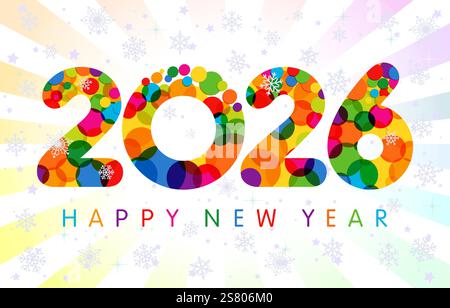 Happy New Year 2026 greeting card design. Cute festive background, numbers 2 0 2 6 with colourful bubbles and isolated clipping mask. Set of realistic Stock Vector