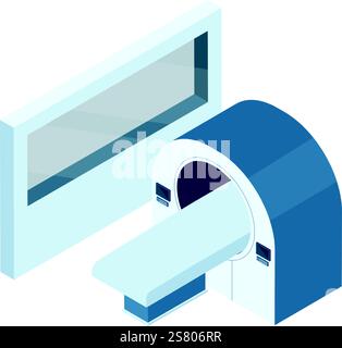 Isometric vector illustration presents advanced MRI scanner in clinical laboratory setting, highlighting healthcare technology and diagnostic imaging capabilities for patient examination Stock Vector