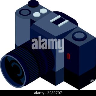 Isometric illustration of a professional digital SLR camera, showcasing its advanced features and highlighting its role in photography and videography Stock Vector