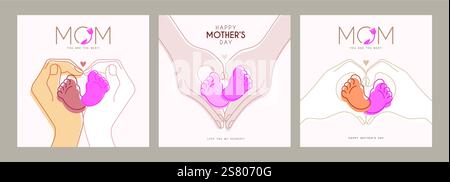 Happy mother's day clipart poster set design. Mom holding baby feet with heart shape hands clip art in hand drawn outline symbol collection in white Stock Vector