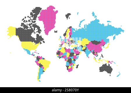 This political world map illustrates countries and regions using a grid pattern with various colors. Each color represents a different political entity or group across the globe. Stock Vector