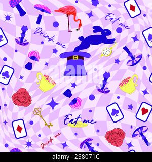 Wonderland pattern elements roses, rabbit, Cheshire cat, flamingo cards hat cup and mushrooms and clock Stock Vector