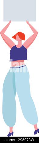 Redhead woman holding blank banner protesting for her rights, expressing her disagreement and fighting for equality, political and social activism, feminism and women empowerment Stock Vector