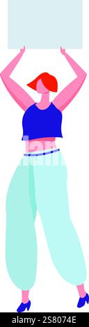 Redhead woman holding blank banner protesting for her rights, expressing her disagreement and fighting for equality, political and social activism, feminism and women empowerment Stock Vector