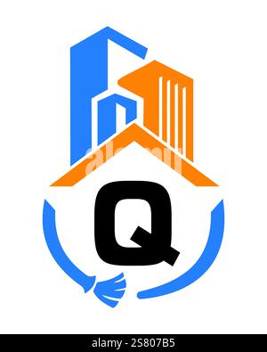 Initial Letter Q Industrial Cleaning Logo Concept With Cleaning Brush and Building Symbol. Broom Sign Stock Vector