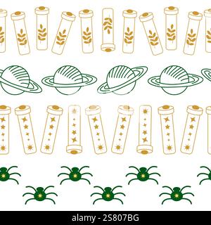 Horizontal border, set Magic and heavens seamless pattern, with magical elements Symbols of witchcraft theme Stock Vector