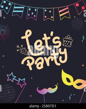 Birthday party clipart poster design. Happy birthday invitation card with gradient color mask and pennants for funfair decoration elements. Vector Stock Vector