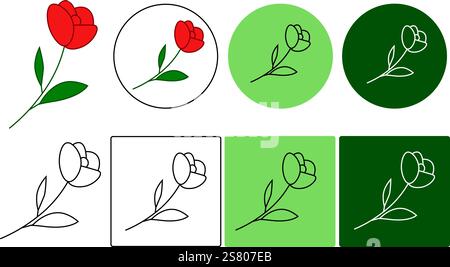 Red flower in graphic line style vector logo. silhouette floral sigh isolated. Single flower icon for logo, print stamp design element. Stock Vector
