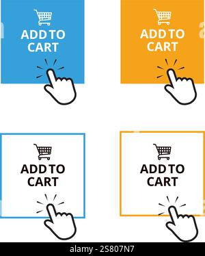 Orange and blue add to cart square button with a hand clicking on a white background Stock Vector