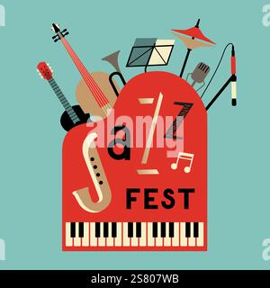 Jazz Fest Colorful Minimalist Design vector icon. Musical instruments simple shapes set in retro colors cartoon vintage style illustration. Jazz music Stock Vector