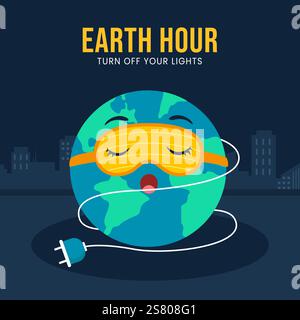 Earth Hour Awareness Illustration in Hand-Drawn Flat Cartoon Background Stock Vector