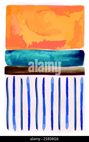 Modern abstract painting with textured orange, teal, and blue brushstrokes layered on a beige background, creating a vibrant and artistic composition Stock Vector