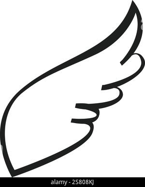 Simple black and white line art depicts a graceful wing, evoking freedom, flight, and spiritual ascension, ideal for minimalist designs and symbolic representations Stock Vector