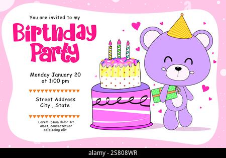 Happy birthday invitation card clipart template design. Birthday party text with cute purple standing teddy bear holding gift box and colorful Stock Vector