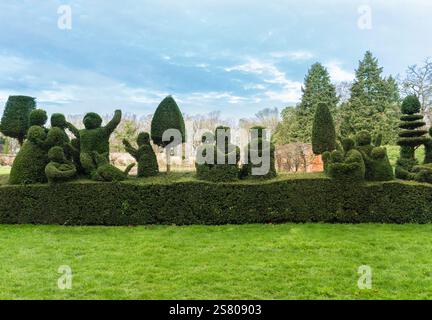 The Pied Piper topiary theme set in the gardens at kentwell Hall Suffolk England UK. December 2024 Stock Photo