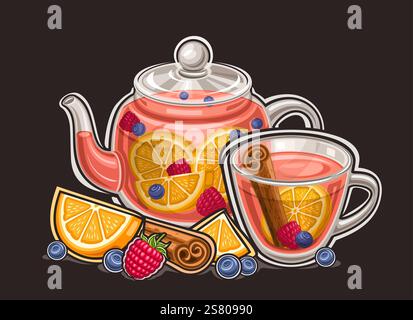 Vector logo for Fruit Tea Drink, horizontal poster with cartoon design traditional rose tea composition, decorative card with fresh fruit tea in glass Stock Vector