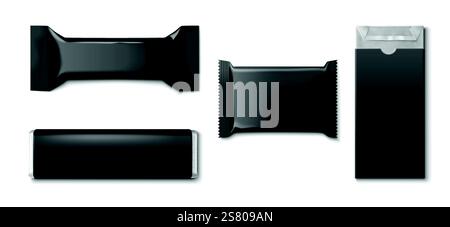 Chocolate bar mockup collection of black blank wrappers - foil sealed packages, rectangle snack container and cardboard box with flaps. Dark packaging design for premium product presentation. Stock Vector