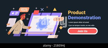 Business presentation dark mode interface concept. Person interacting with large screen gear icon abstract shapes dark background. Website banner Stock Vector