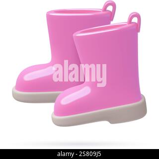 Pink baby girl rain rubber boots cute 3d minimal vector illustration three dimensional footwear icon Stock Vector